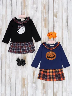 Embroidered Halloween Plaid Ruffle Outfit