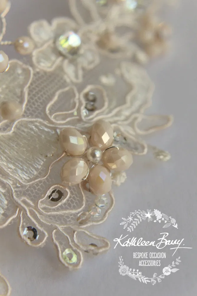 Gabriella Bridal Lace Rhinestone hair piece, 3D lace flower in 'ivory nude blush' with silver tones