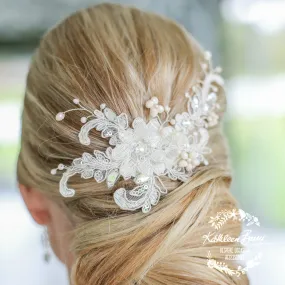 Gabriella Bridal Lace Rhinestone hair piece, 3D lace flower in 'ivory nude blush' with silver tones