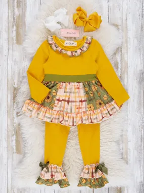 Goldenrod & Green Floral Plaid Ruffle Outfit