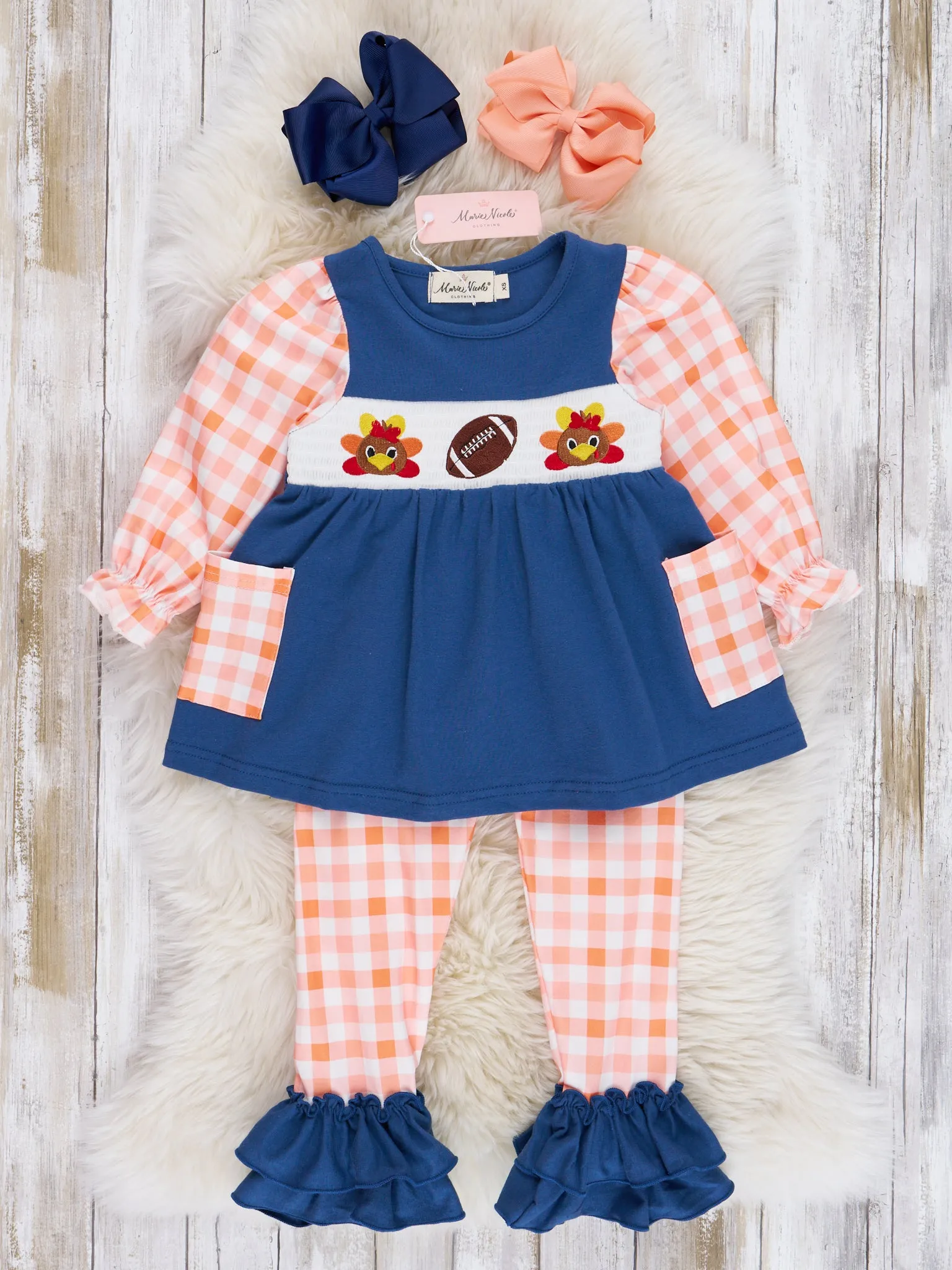 Navy & Orange Plaid Smocked Football Ruffle Outfit