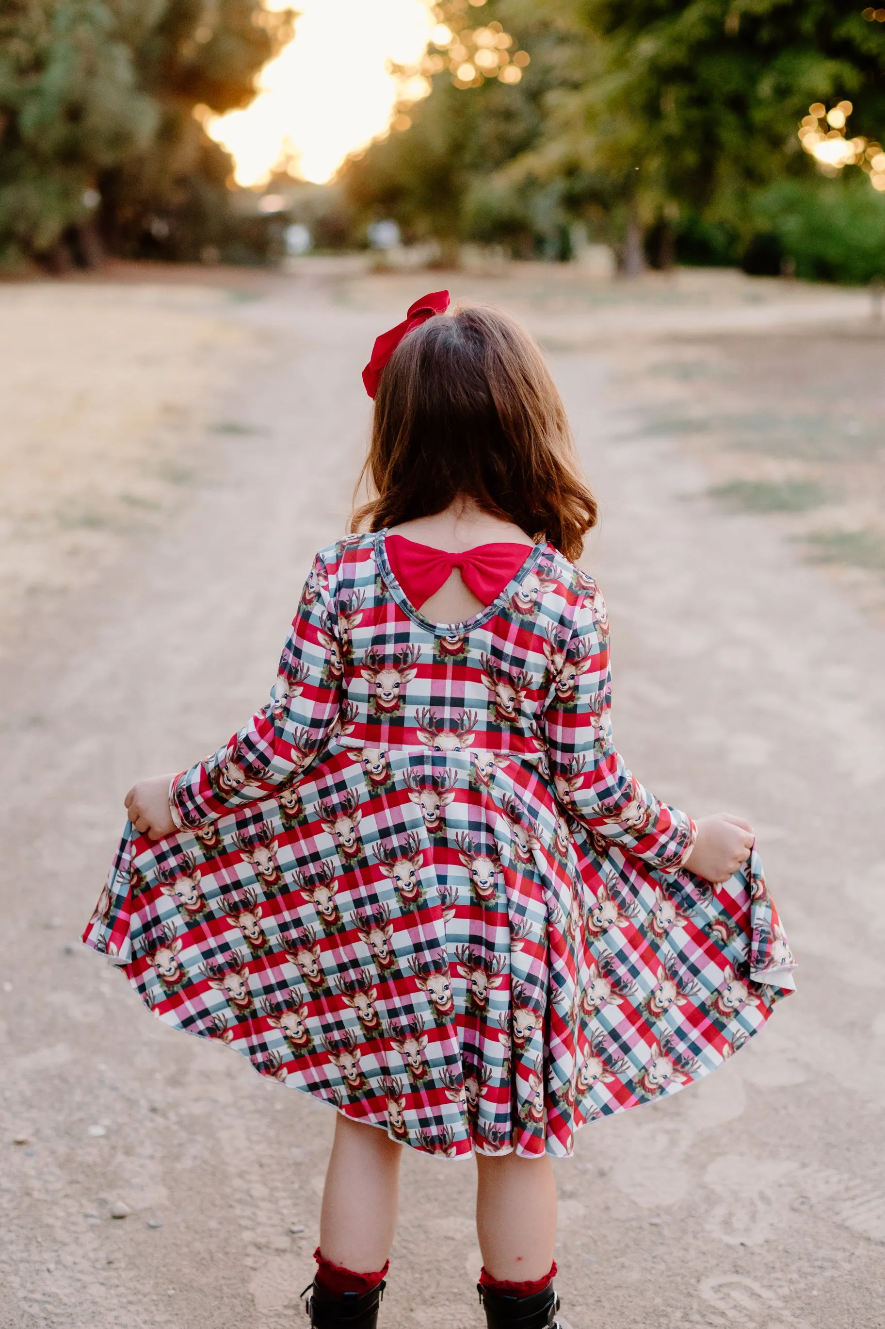 REINDEER PLAID BOW DRESS