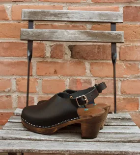 Slingback Clogs in Black on Brown Base