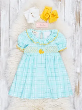 Teal Plaid Smocked Lemons Ruffle Dress