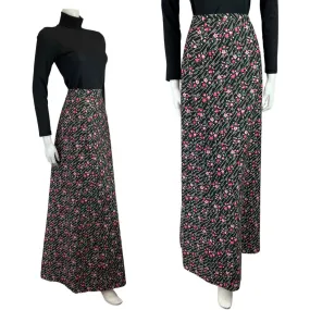 VINTAGE 60s 70s BLACK WHITE PINK ZIG-ZAG FLORAL DAISY MOD BOHO MAXI SKIRT 8 10