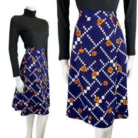 VINTAGE 60s 70s BLUE WHITE ORANGE GEOMETRIC FLORAL MOD MIDI SKIRT 8